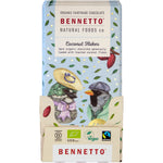 80g bar of Bennetto Organic Dark Chocolate with Coconut Flakes featuring blue bird illustrations on a white background.