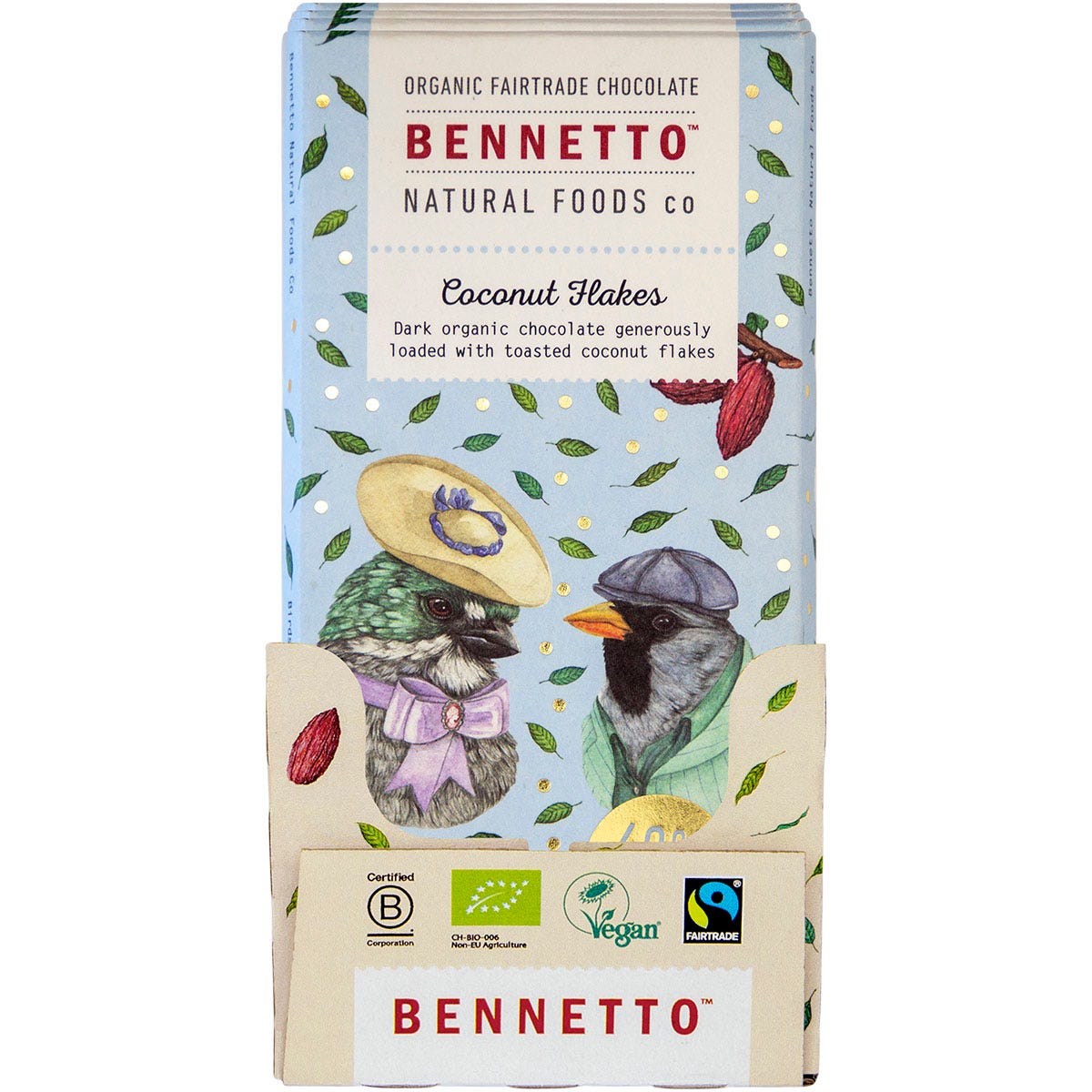 80g bar of Bennetto Organic Dark Chocolate with Coconut Flakes featuring blue bird illustrations on a white background.