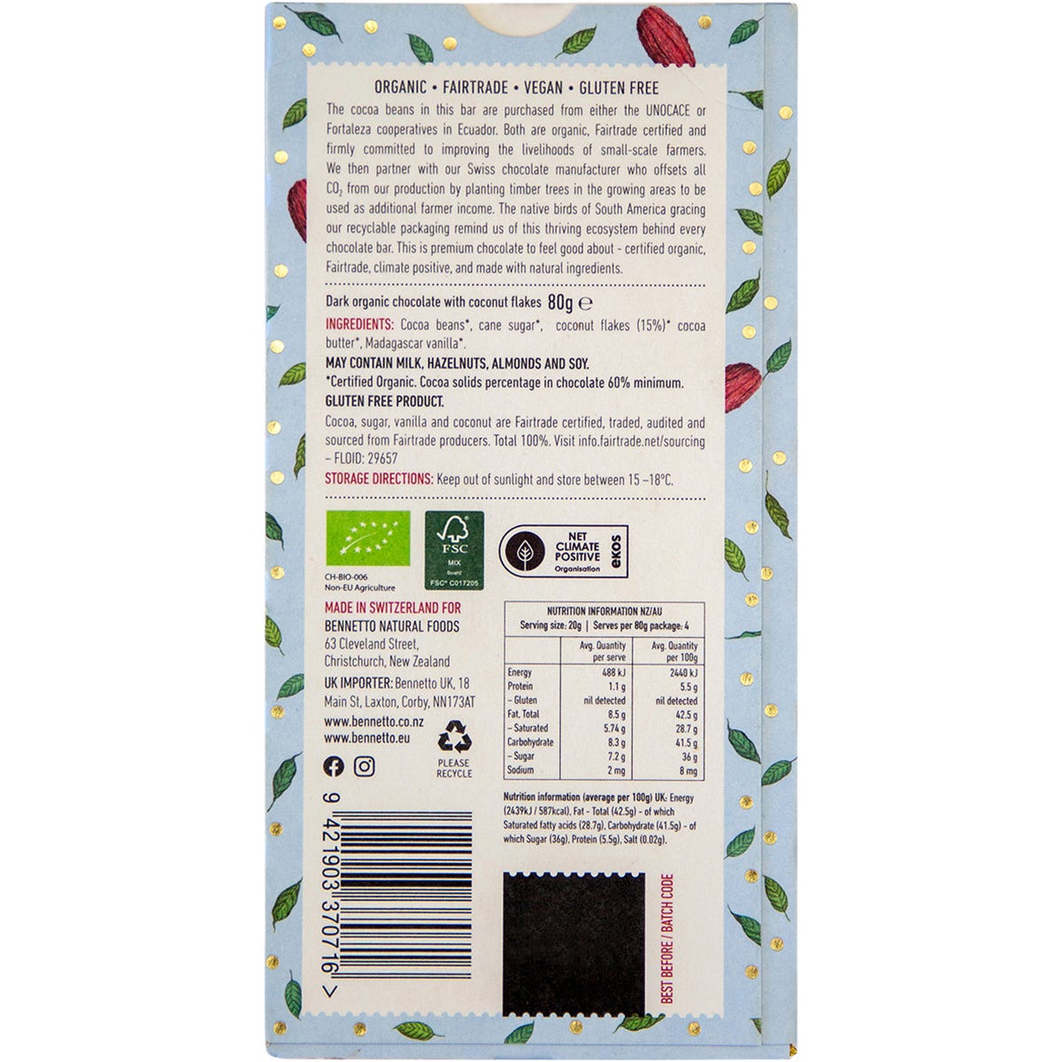 Display box of 12 Bennetto Organic Dark Chocolate Coconut Flakes 80g bars featuring blue bird artwork.