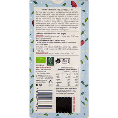 Bennetto Organic Dark Chocolate Coconut flakes 80g (Pack of 12) Payless 4 Organics