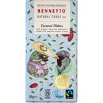 Bennetto Organic Dark Chocolate with coconut flakes, 80g bar featuring two birds on a blue and illustrated wrapper.