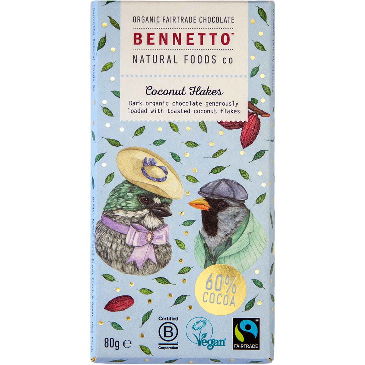 Bennetto Organic Dark Chocolate with coconut flakes, 80g bar featuring two birds on a blue and illustrated wrapper.