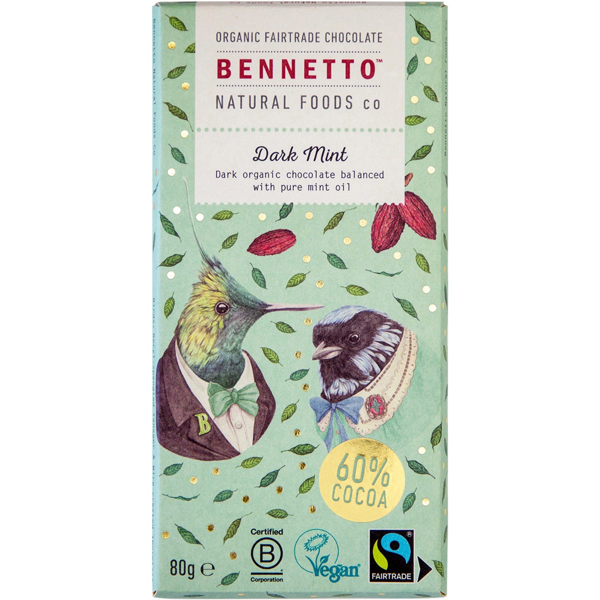 Bennetto Organic Dark Chocolate Dark Mint 80g bar and 12-pack box with colorful bird illustrations.