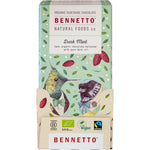 80g Bennetto Organic Dark Mint chocolate bar featuring colorful Beryl-spangled Tanager bird illustrations.