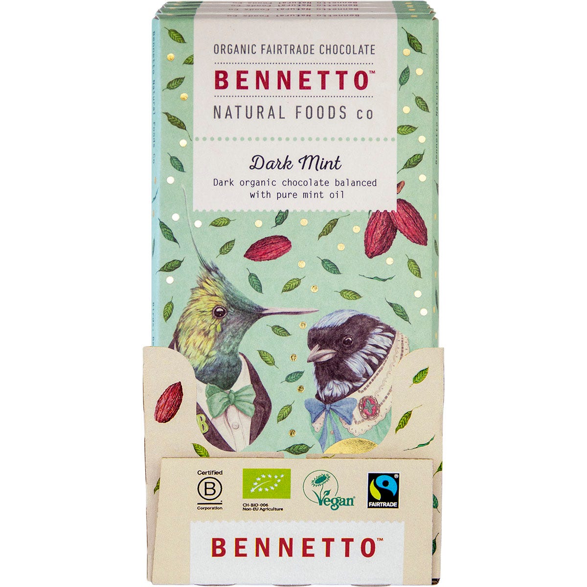 80g Bennetto Organic Dark Mint chocolate bar featuring colorful Beryl-spangled Tanager bird illustrations.