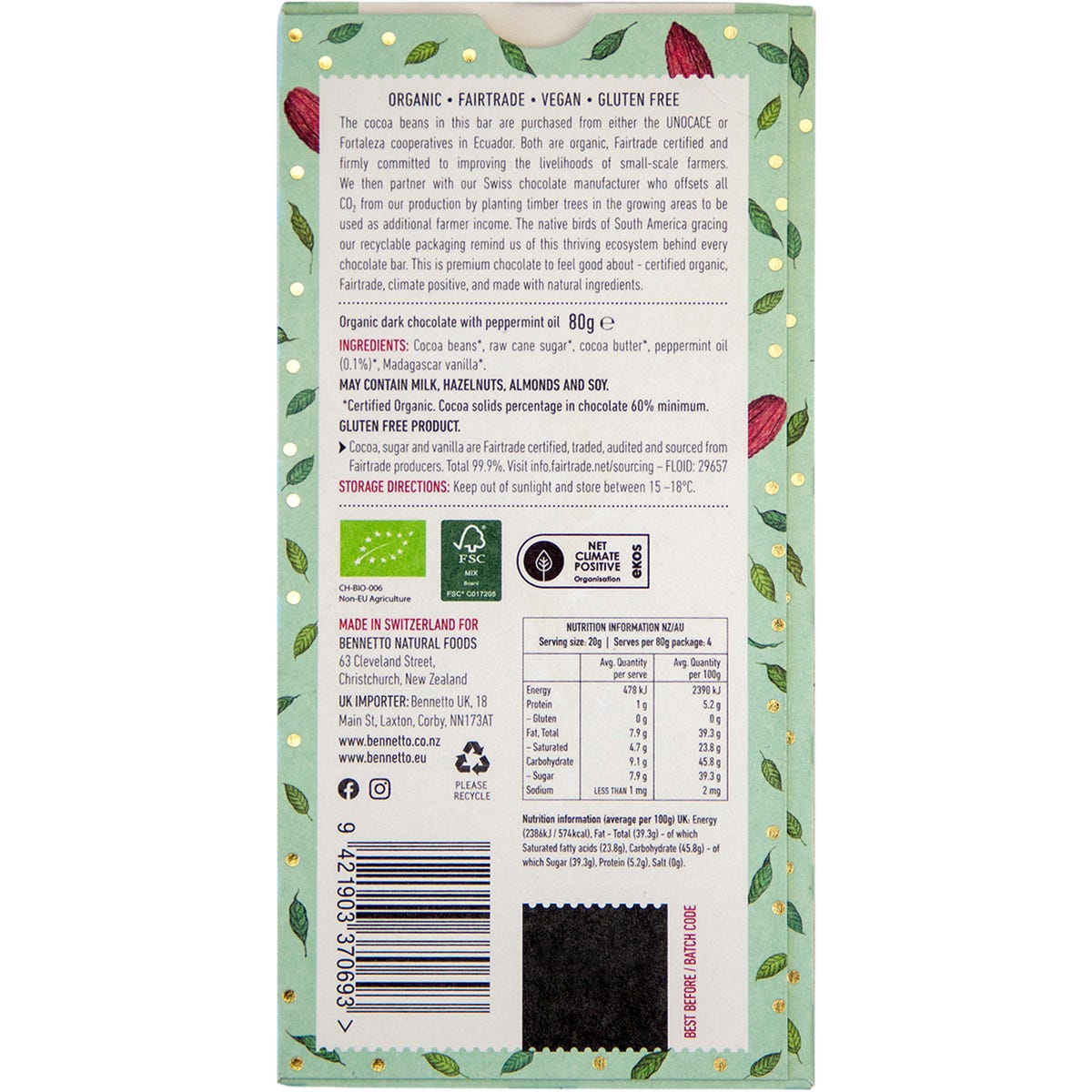 Bennetto Organic Dark Chocolate Dark Mint 80g (Pack of 12) Payless 4 Organics