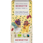 Bennetto Organic Dark Salted Caramel 80g chocolate bar in blue packaging with a yellow bird, on a white background.