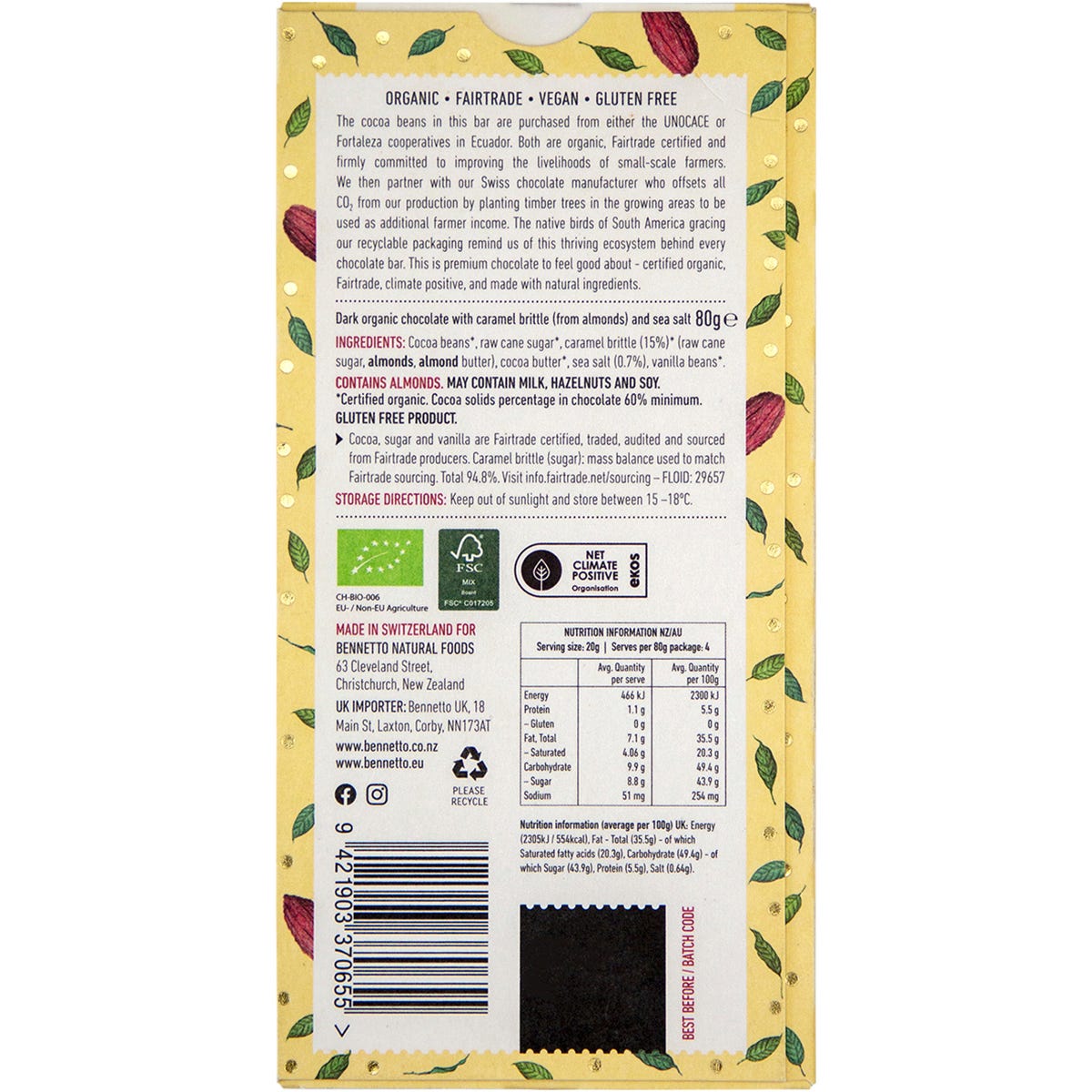 Bennetto Organic Dark Salted Caramel 80g chocolate bar in blue packaging with a yellow bird illustration.