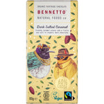 12-pack of Bennetto Organic Dark Salted Caramel chocolate bars in blue packaging with bird illustrations.