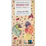 Bennetto Organic Dark Chocolate Orange with Chilli 80g bar with orange and bird illustrations on a white background.