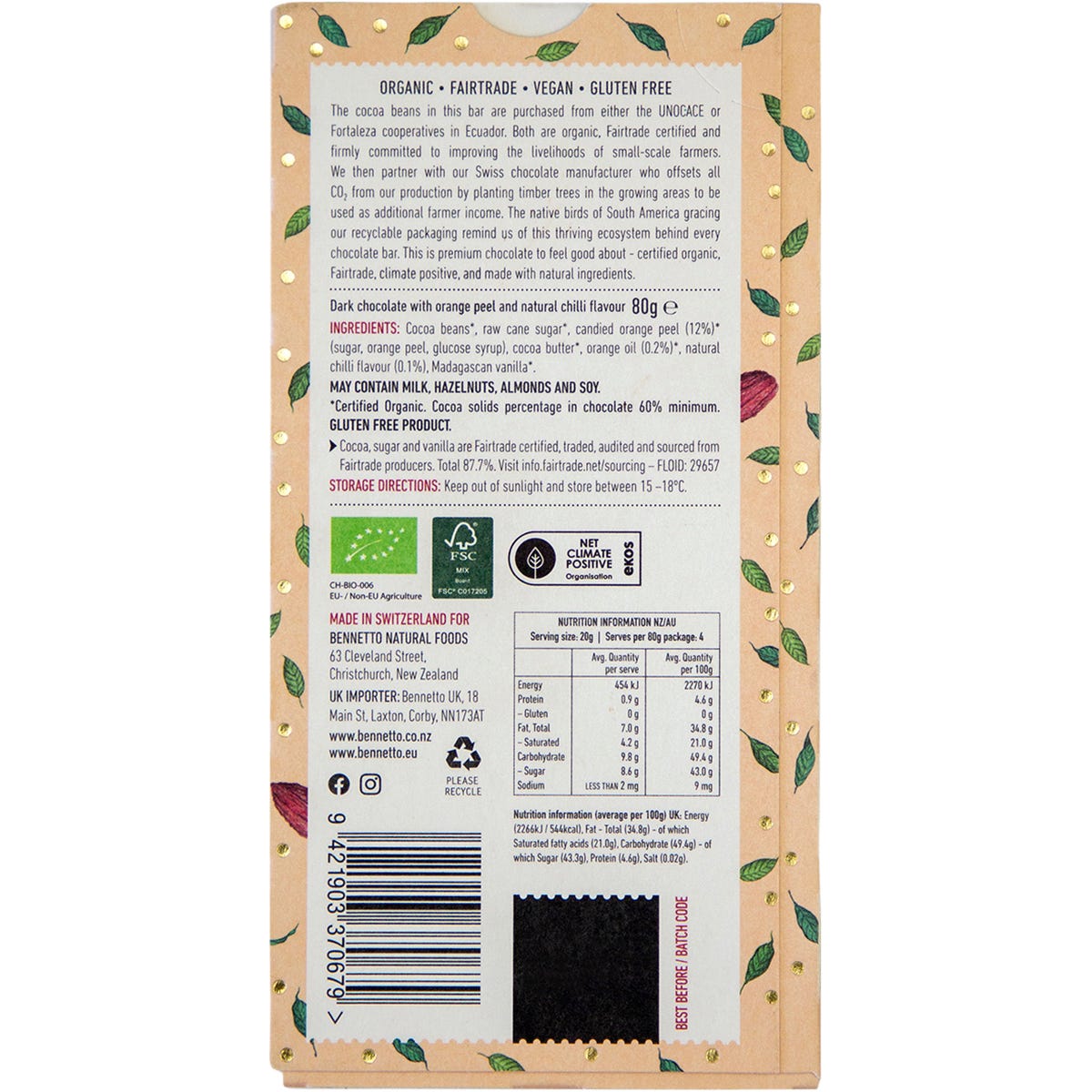 Bennetto Organic Dark Chocolate Orange with Chilli 80g bar with orange and bird illustrations on a white background.