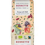 80g Bennetto Organic Dark Chocolate Orange with Chilli bar with bird illustrations on a white background.