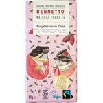 Bennetto Organic Raspberries in Dark Chocolate 80g bars in a pack of 12 with pink and blue bird illustrations.
