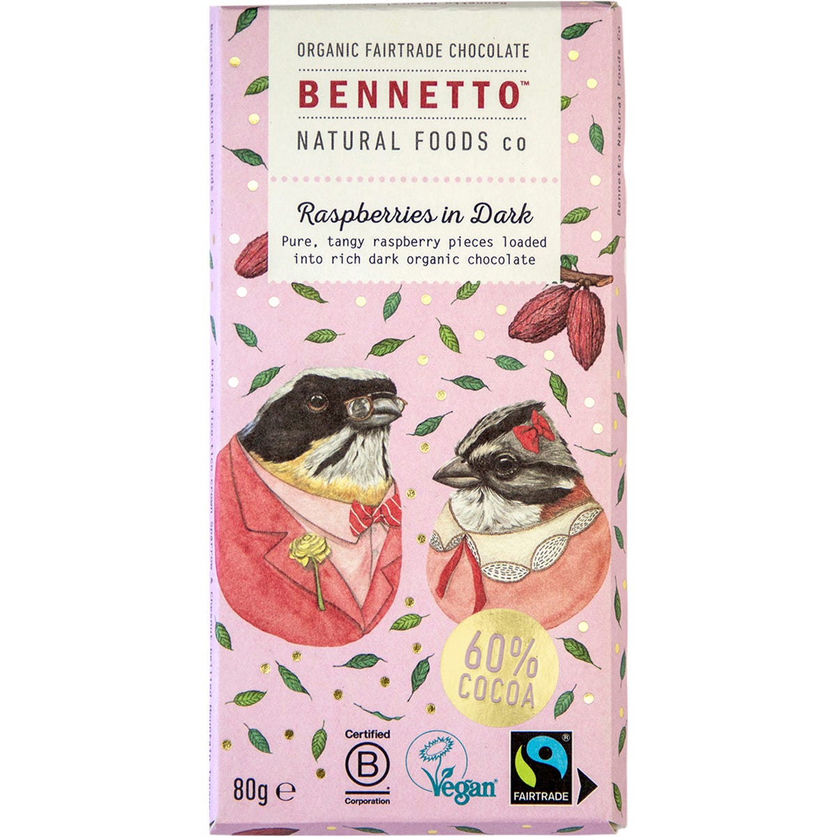Bennetto Organic Raspberries in Dark Chocolate 80g bars in a pack of 12 with pink and blue bird illustrations.