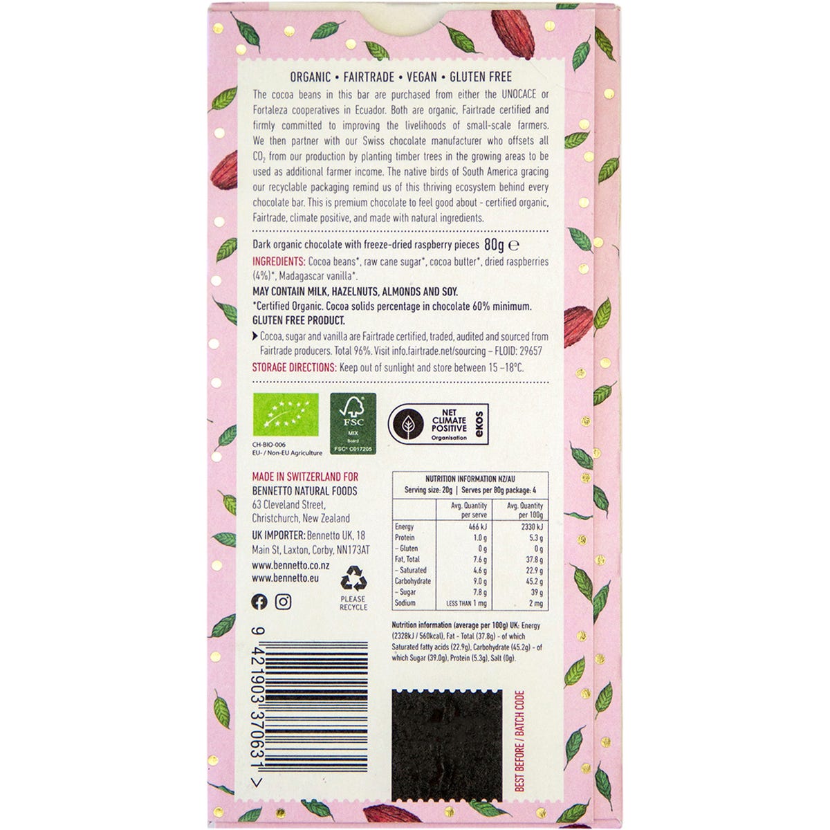 Bennetto Organic Raspberries in Dark 80g bar with pink and blue bird illustrations on a white background.