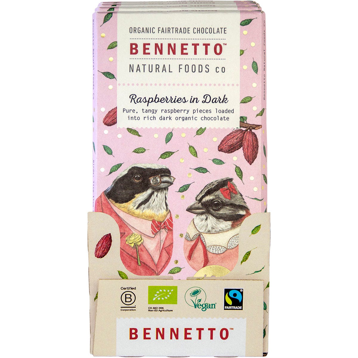Bennetto Organic Raspberries in Dark Chocolate 80g bar featuring pink and blue bird illustrations.