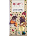 80g Bennetto Organic Dark Chocolate Toasted Hazelnut bar with a pink and teal wrapper featuring a bird illustration.