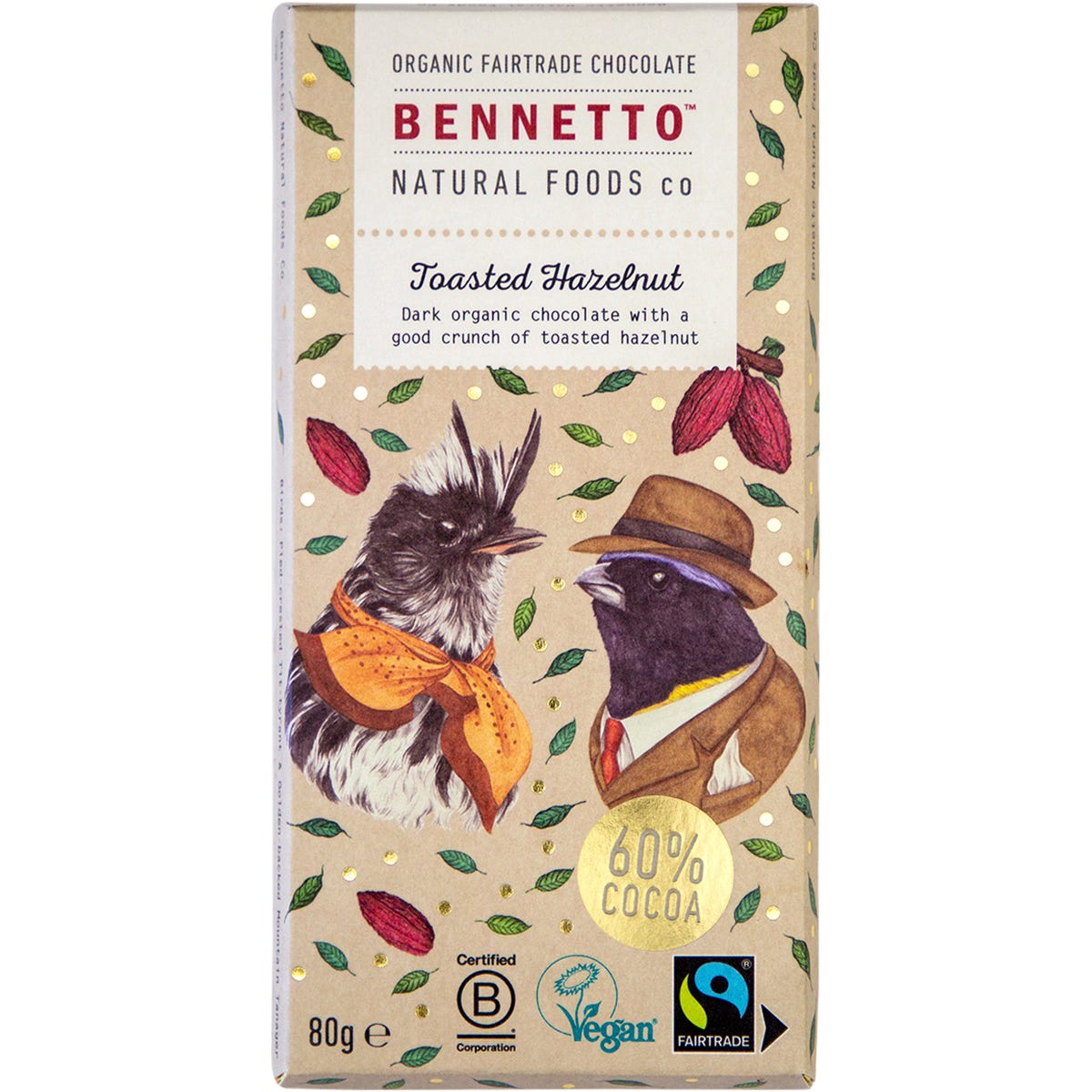 80g Bennetto Organic Dark Chocolate Toasted Hazelnut bar with a pink and teal wrapper featuring a bird illustration.
