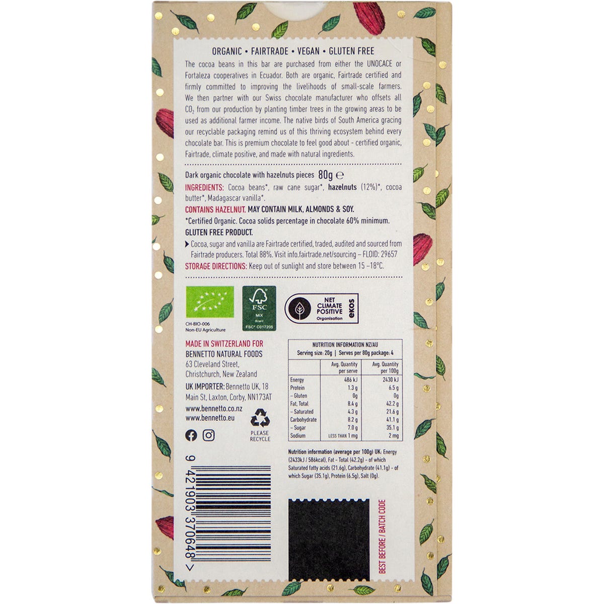 Back of Bennetto Organic Toasted Hazelnut chocolate wrapper showing nutritional information and ingredients list.