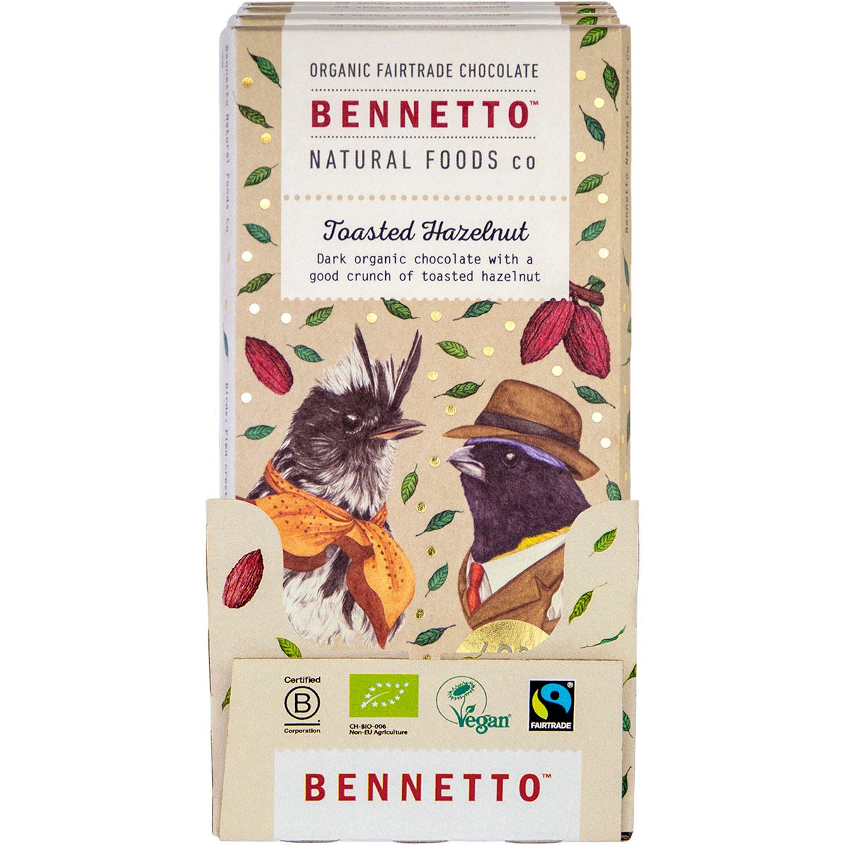 80g Bennetto Organic Dark Chocolate Toasted Hazelnut bar shown from a side angle on a white background.