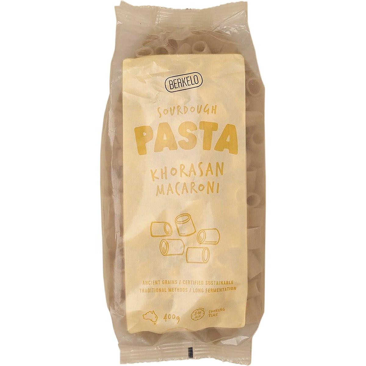 400g box of Berkelo Sourdough Khorasan Macaroni pasta made with stoneground ancient grain flour.