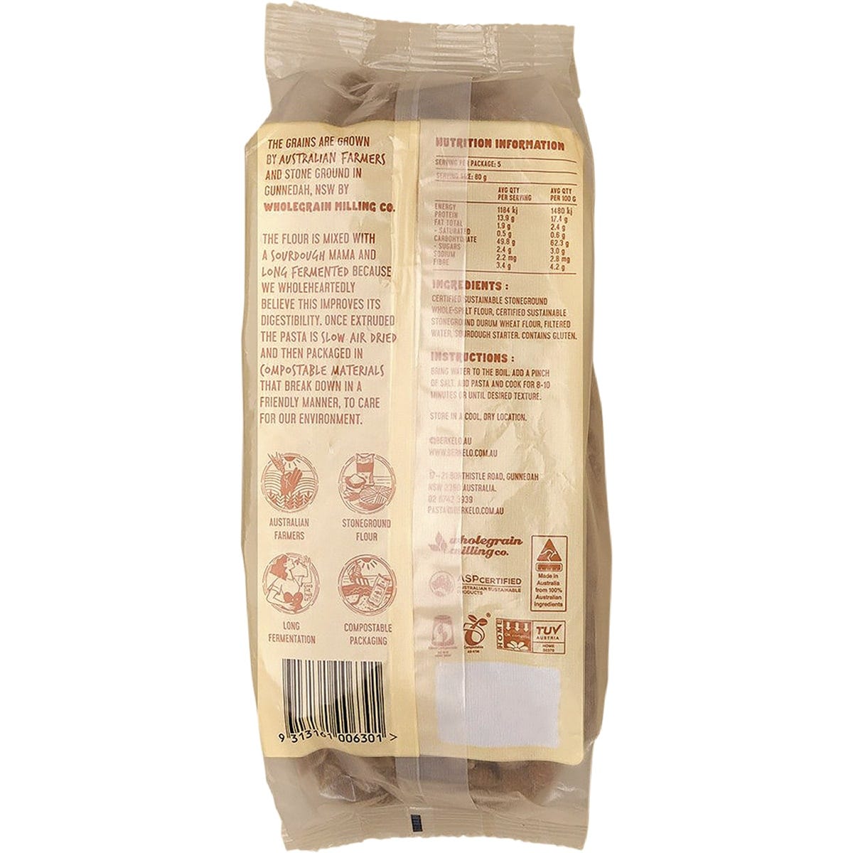 400g bag of Berkelo Sourdough Spelt Shells pasta highlighting sustainable stoneground flour on a white background.