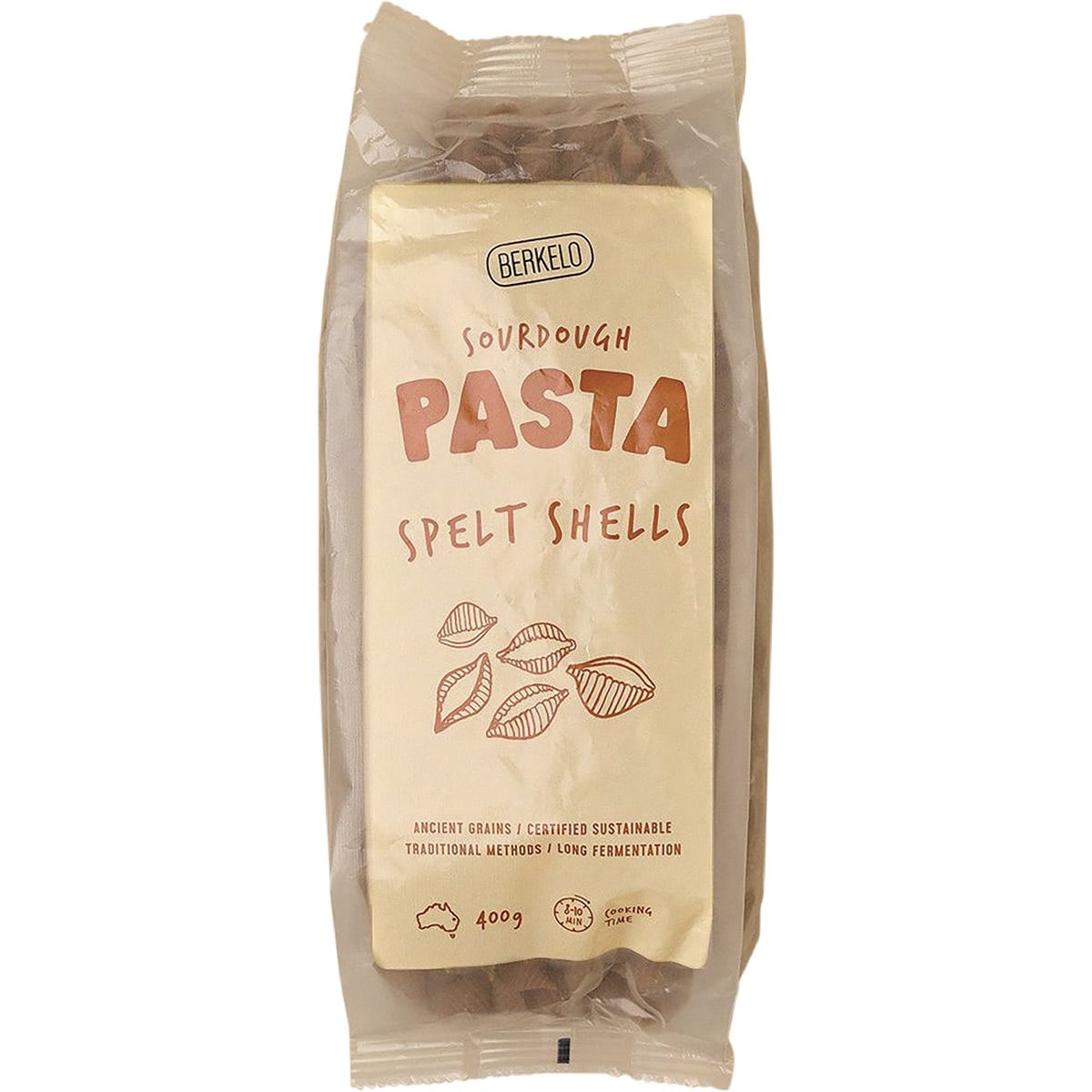400g bag of Berkelo Sourdough Spelt Shells pasta made from certified sustainable stoneground flour.