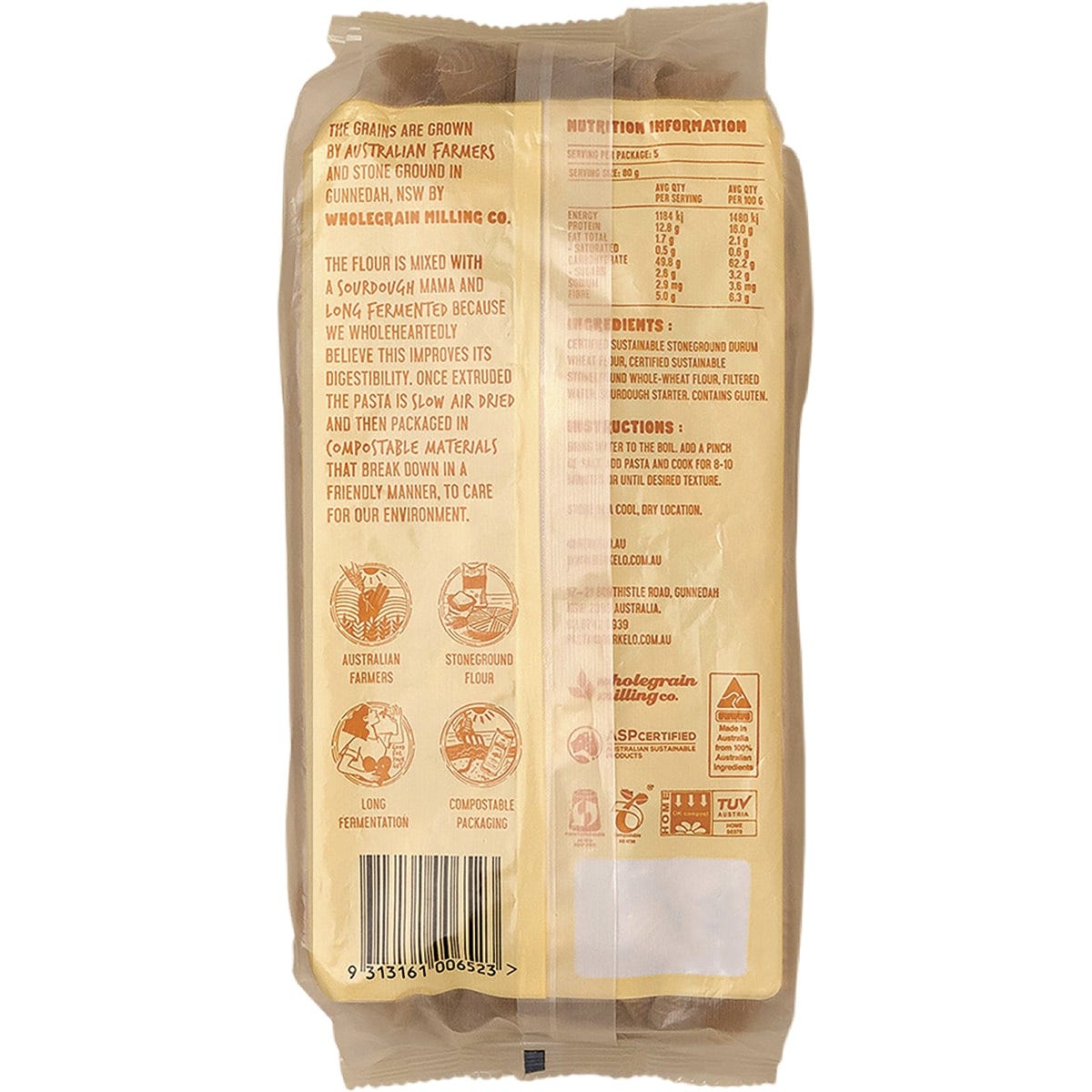 400g bag of Berkelo Sourdough Wholewheat Penne pasta shown from a side angle on a white background.