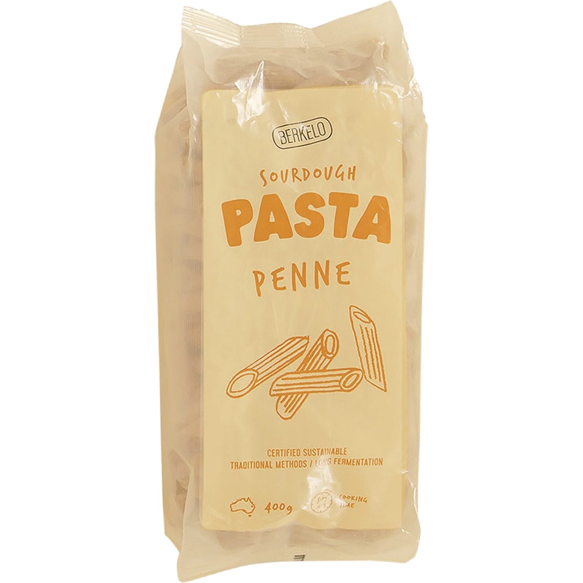 400g bag of Berkelo Sourdough Wholewheat Penne pasta on a white background.