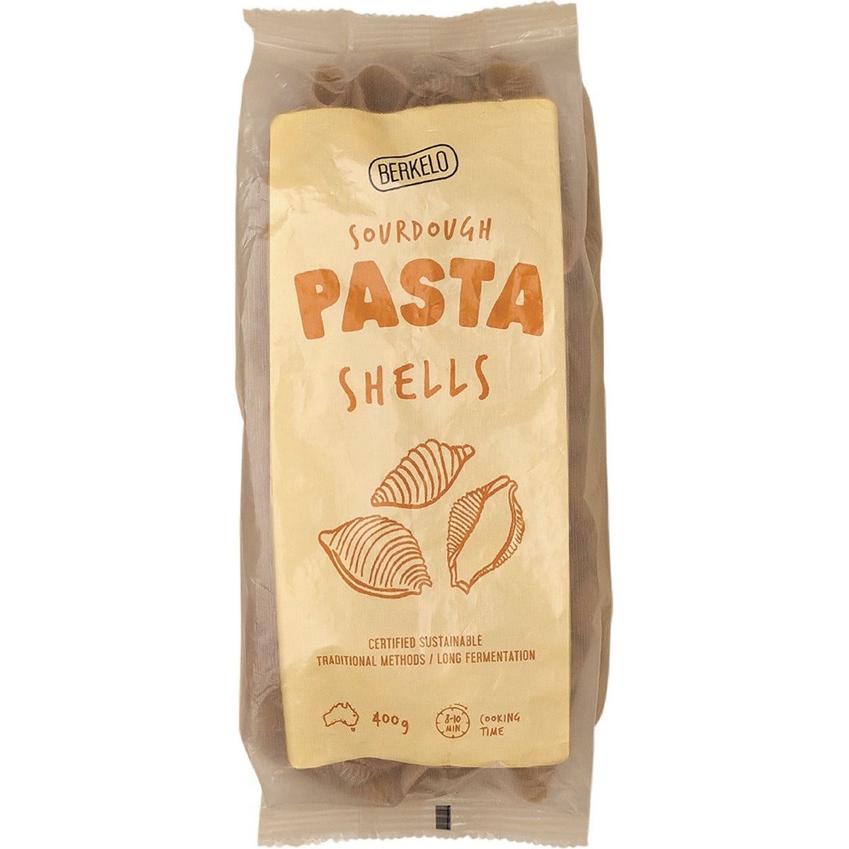 400g bag of Berkelo Sourdough Pasta Wholewheat Shells on a white background with a brown botanical label.