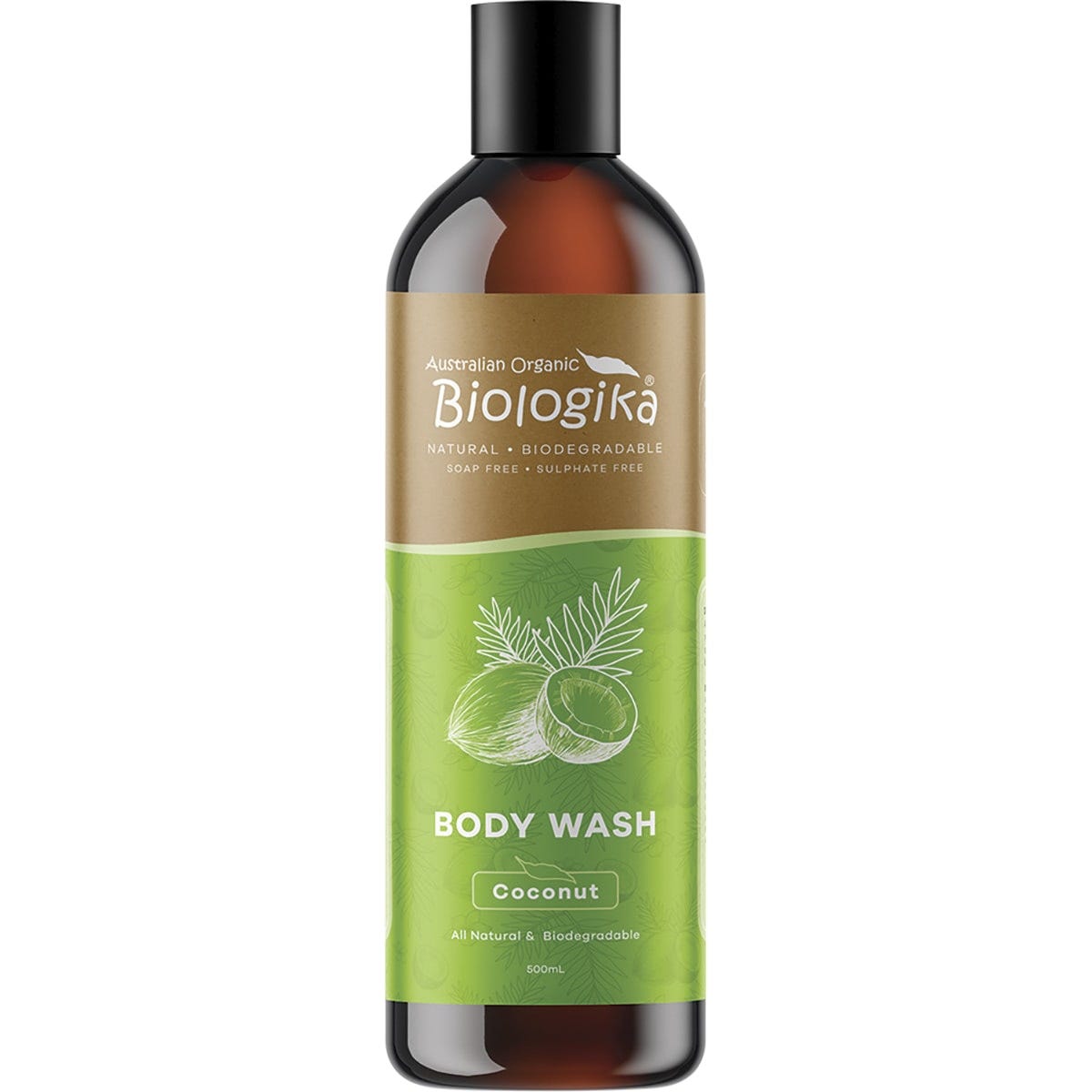 500ml bottle of Biologika Everyday Coconut Body Wash with a pump dispenser and coconut and lime illustrations.