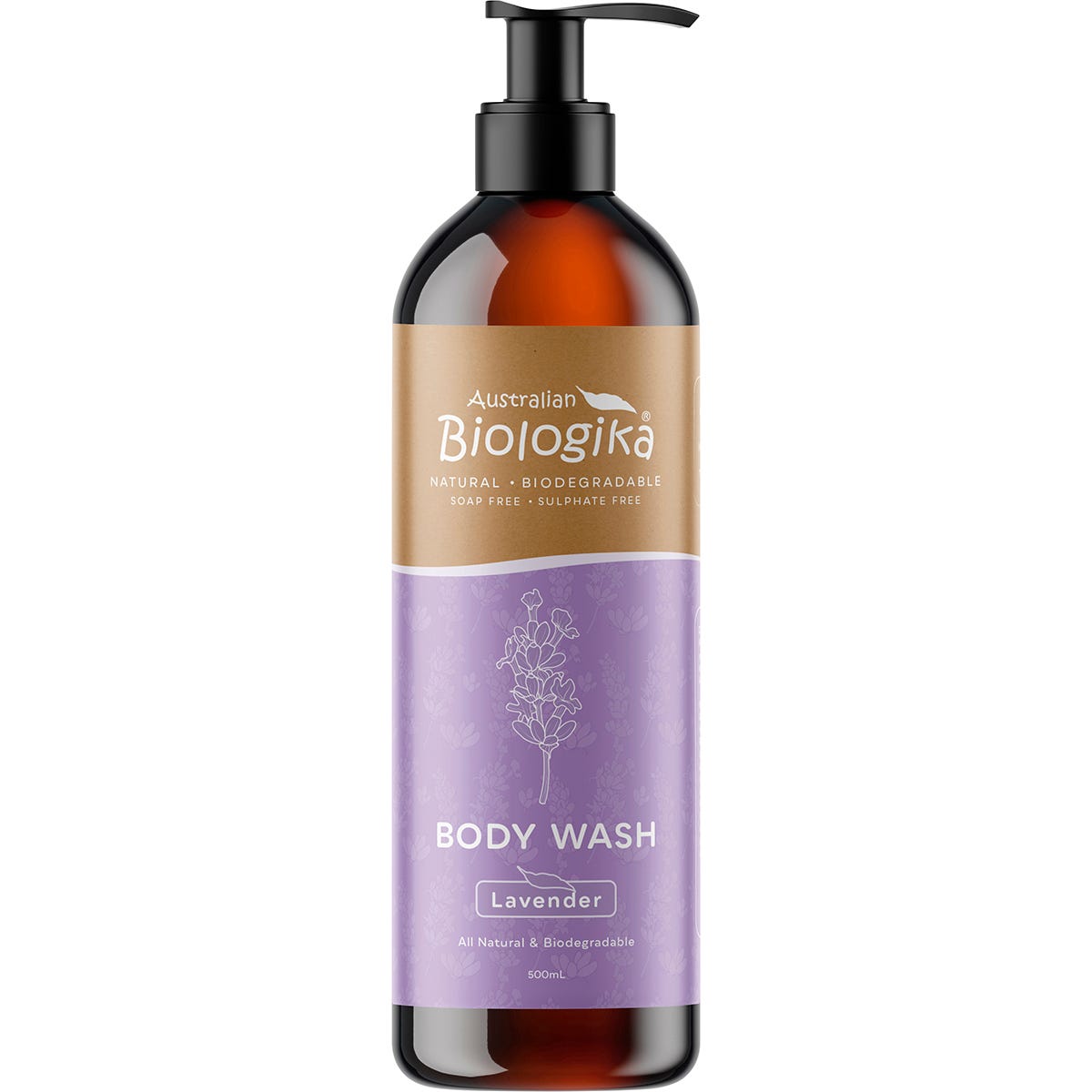 500ml bottle of Biologika Lavender Body Wash with a pump dispenser and botanical labels on a white background.