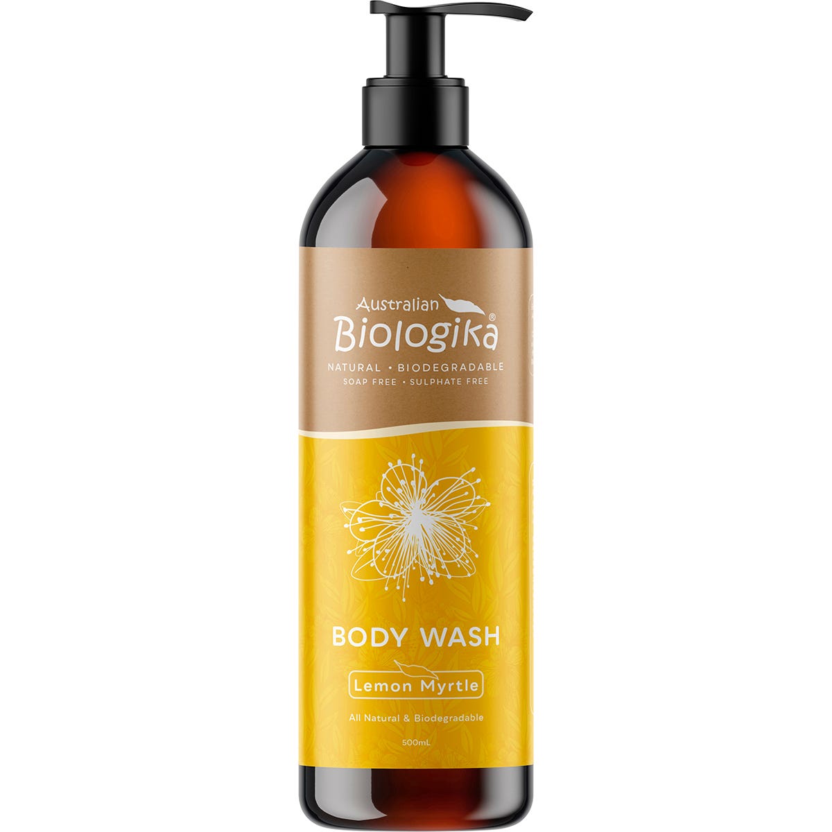 Biologika Lemon Myrtle Body Wash 500ml bottle with a pump dispenser on a white background.