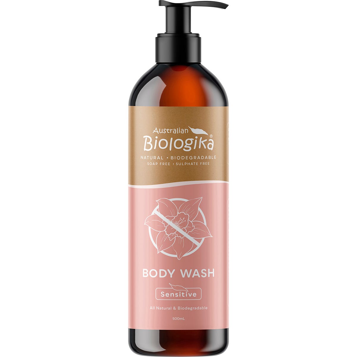 500ml Biologika Sensitive Body Wash in a white recyclable bottle with a pump dispenser and botanical illustrations.