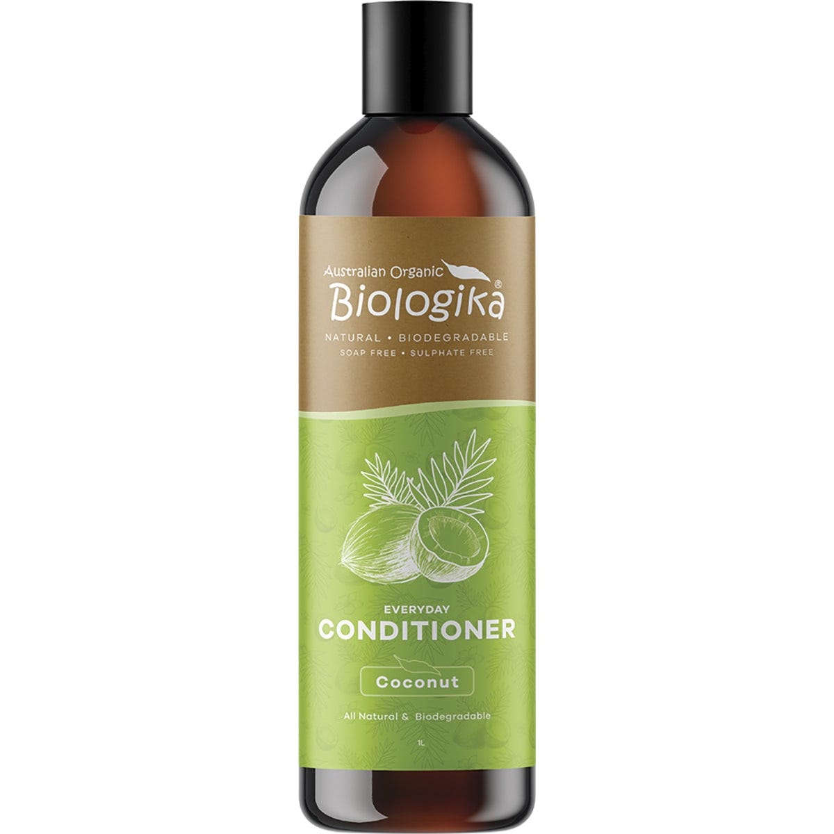 1L bottle of Biologika Everyday Coconut Conditioner with a white pump and tropical blue label featuring coconut graphics.