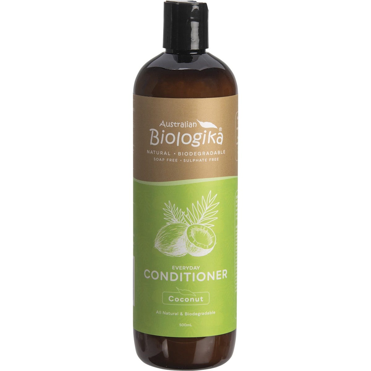 500ml bottle of Biologika Everyday Coconut Conditioner featuring a tropical label with coconut and floral illustrations.
