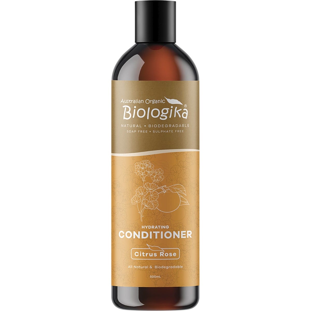 500ml bottle of Biologika Hydrating Citrus Rose Conditioner with a pump dispenser and botanical illustrations.