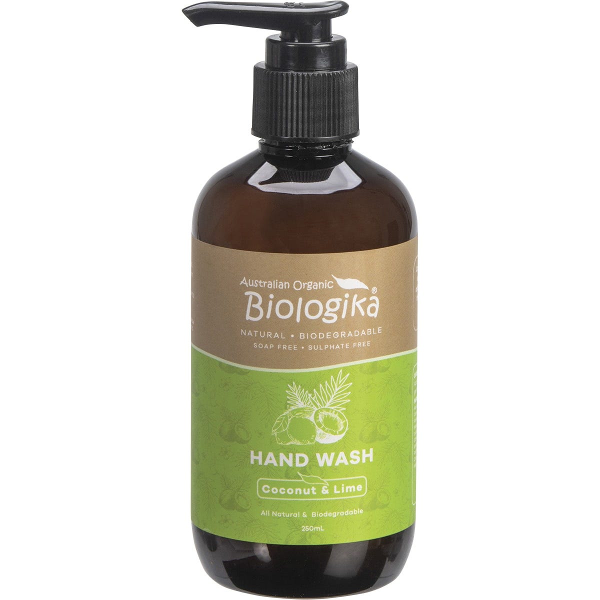 250ml bottle of Biologika Coconut and Lime hand wash with a pump dispenser on a white background.