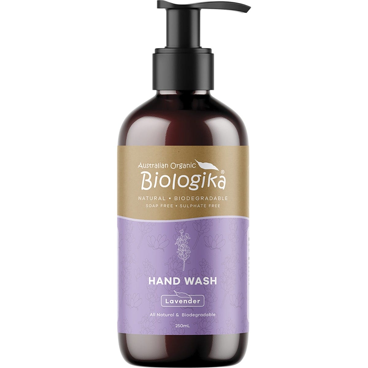 250ml bottle of Biologika Lavender Hand Wash with a pump dispenser and purple floral label.