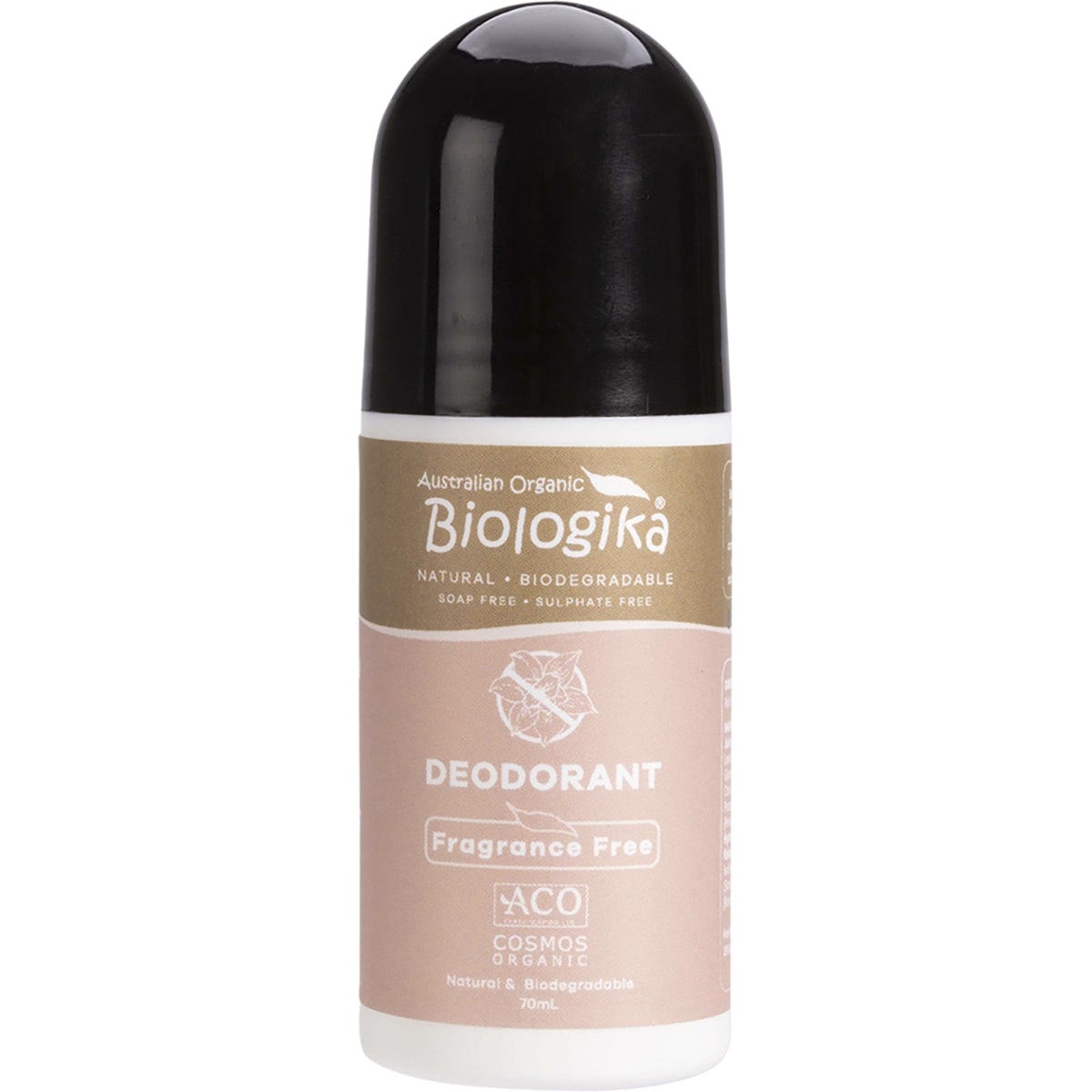 70ml Biologika fragrance-free roll-on deodorant bottle with a white cap and green organic certified label.
