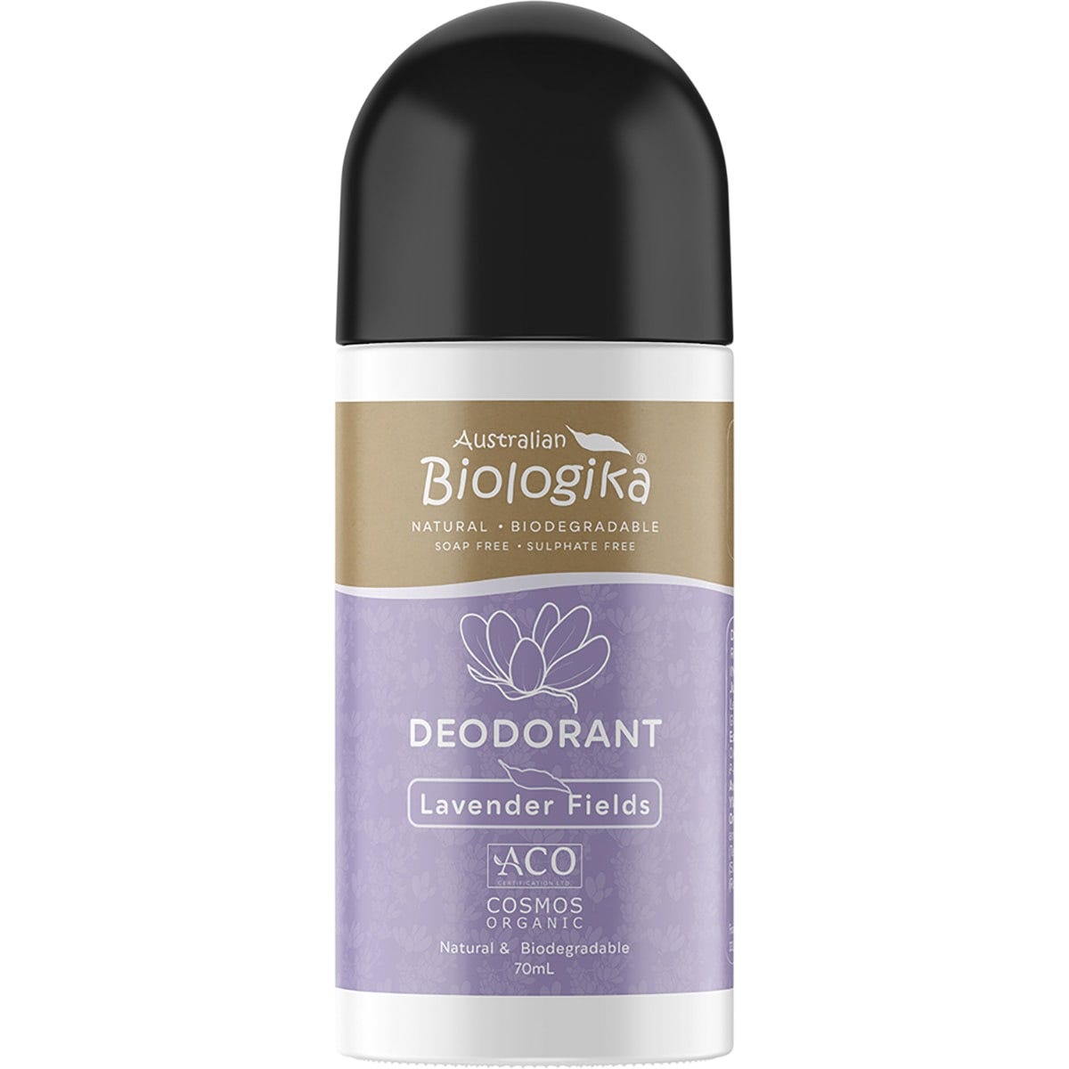 70ml Biologika Lavender Fields roll-on deodorant bottle with a purple label and lavender illustrations.