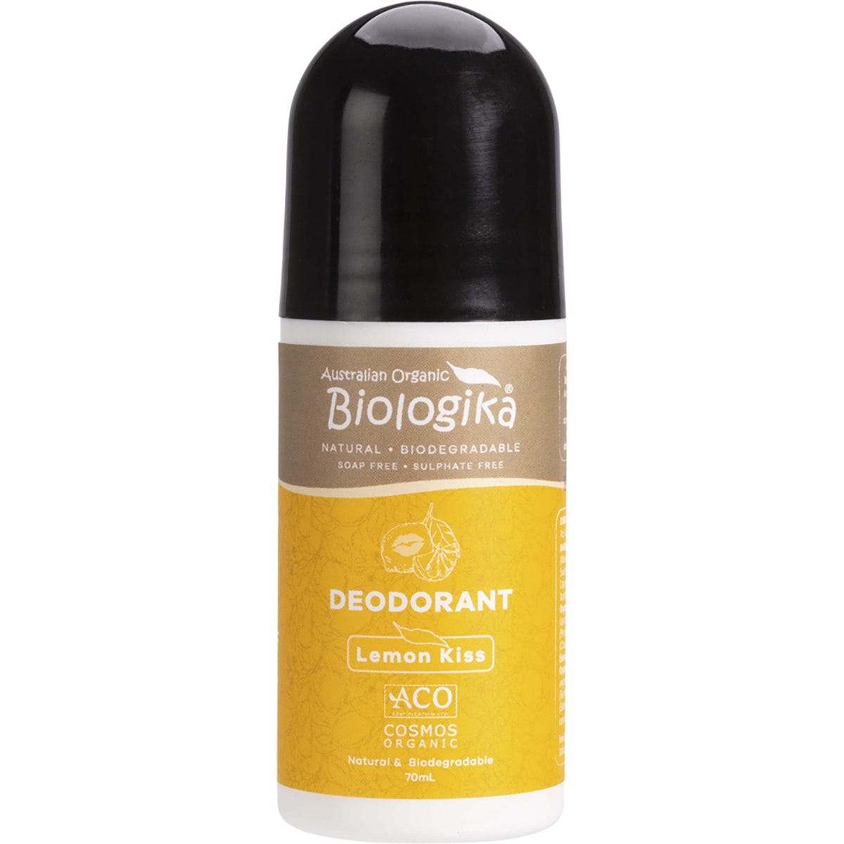 70ml bottle of Biologika Lemon Kiss roll-on deodorant with a yellow label and lemon illustrations.