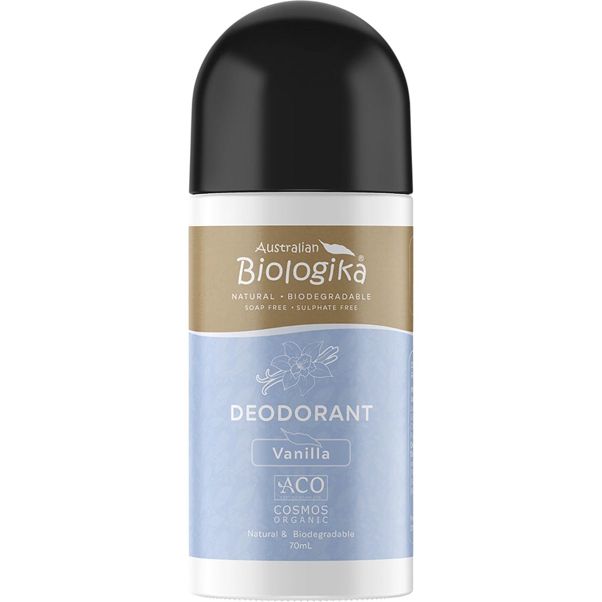 Biologika 70ml vanilla roll-on deodorant with a white cap and a green botanical label on a white background.