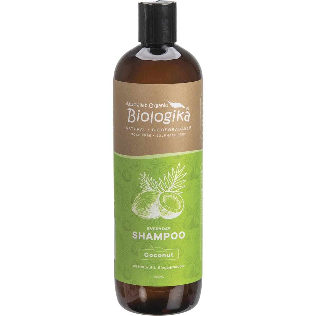 500ml bottle of Biologika Everyday Coconut Shampoo with organic ingredients and a white flip-top lid.