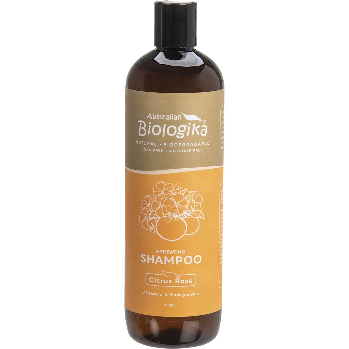 500ml bottle of Biologika Hydrating Citrus Rose Shampoo with organic shea butter and goji berry for damaged hair.
