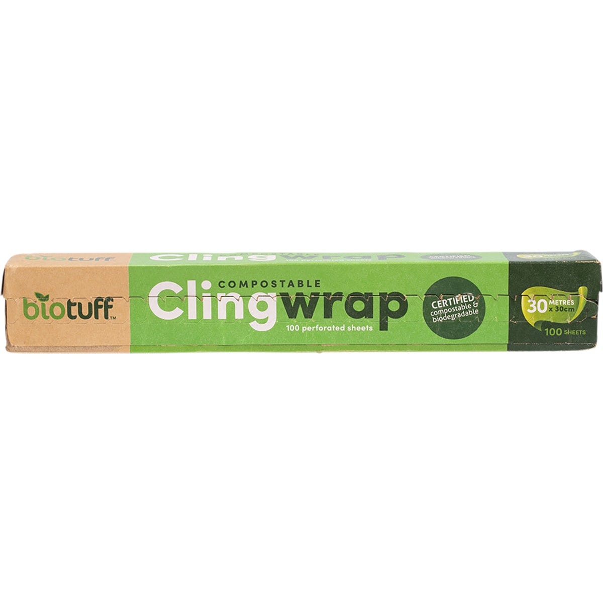 Biotuff compostable cling wrap box with 100 perforated sheets, featuring a green leaf and plant-based resin icons.