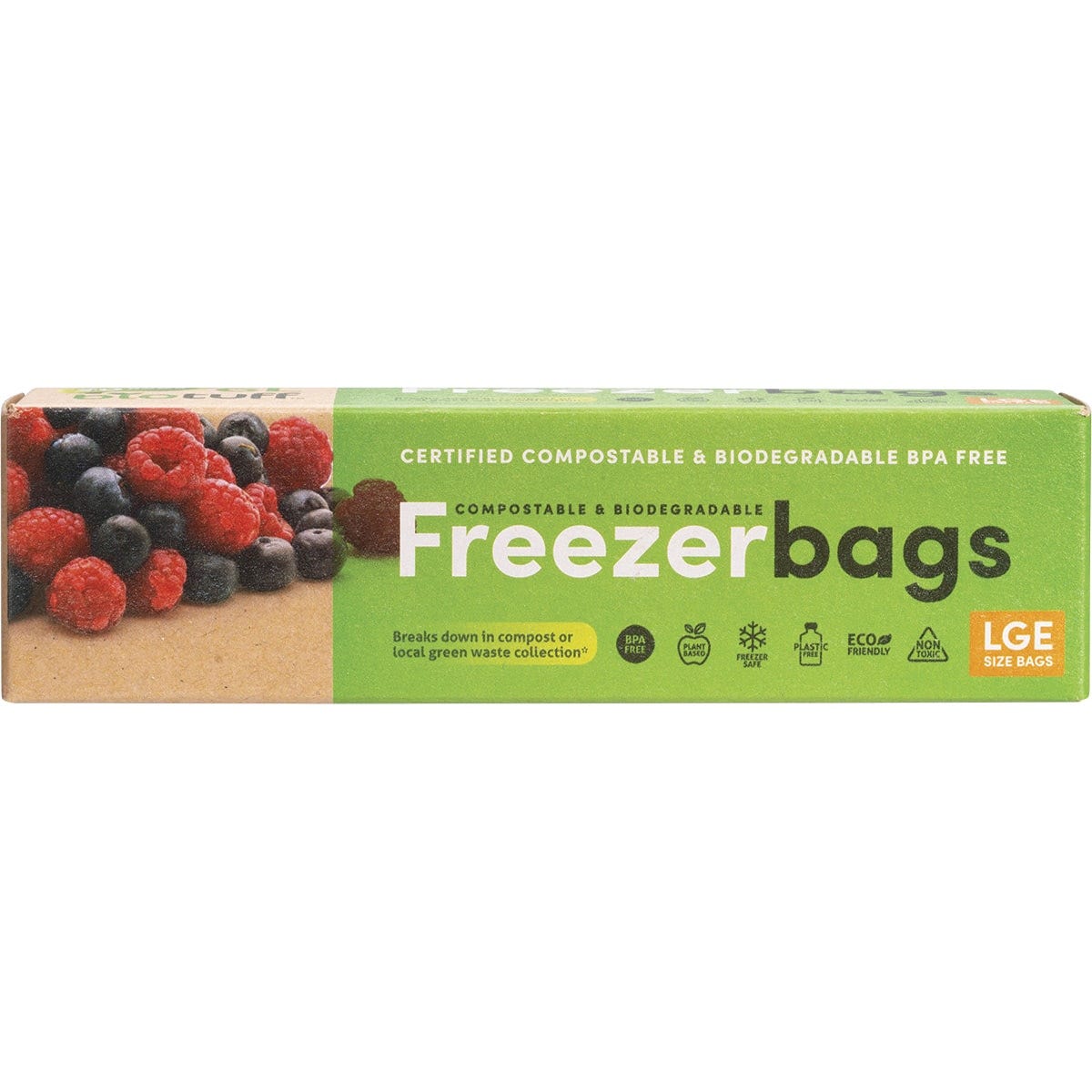 Box of 20 Biotuff Large 6L Compostable Freezer Bags featuring a green leaf logo on white packaging.