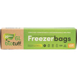 Box of 20 Biotuff Large 6L Compostable Freezer Bags featuring a green leaf logo on white packaging.