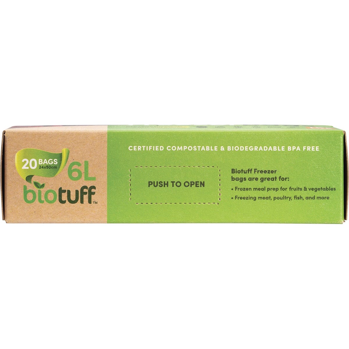 Box of 20 Biotuff Large 6L Compostable Freezer Bags featuring a green leaf logo on white packaging.