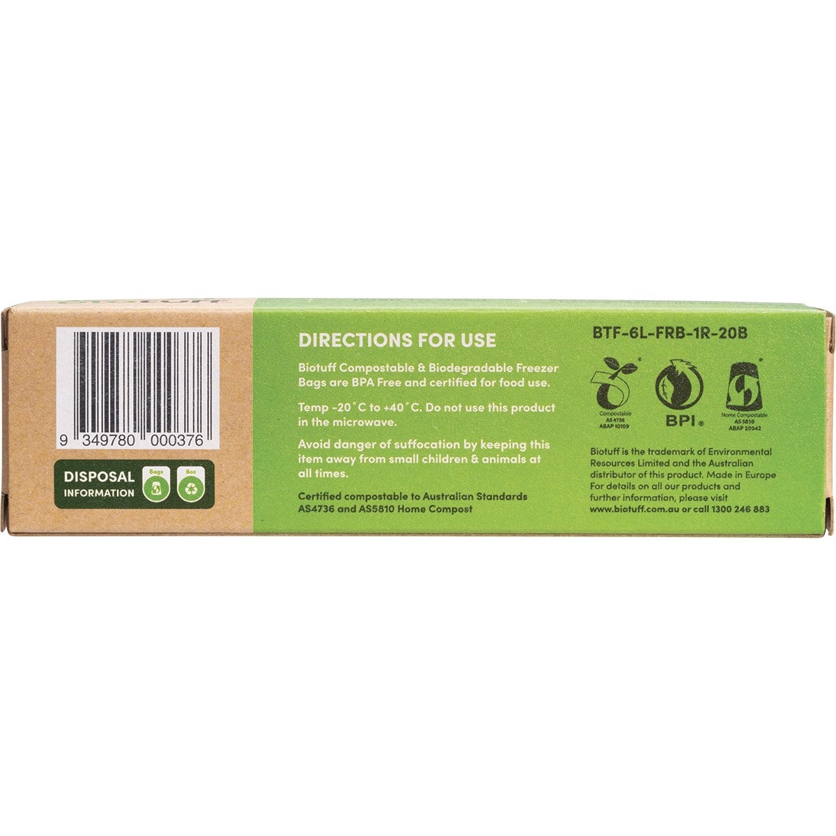 Box of 20 Biotuff Large 6L Compostable Freezer Bags featuring a green leaf logo on white packaging.